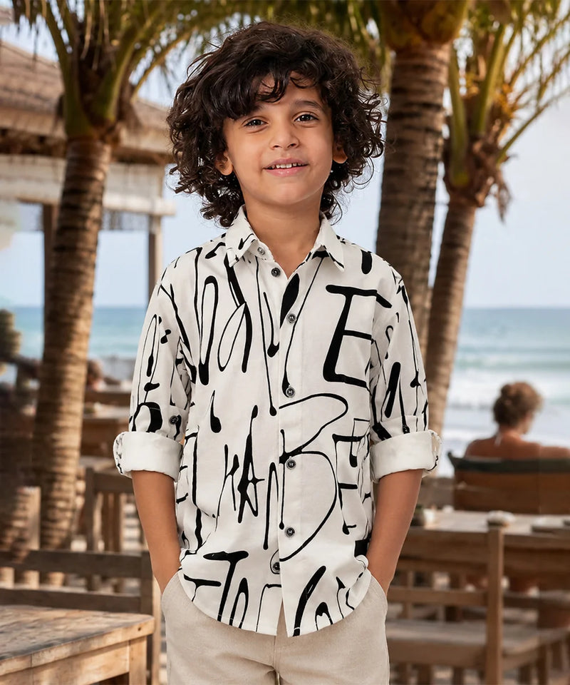 Boys White & Black Printed Shirt