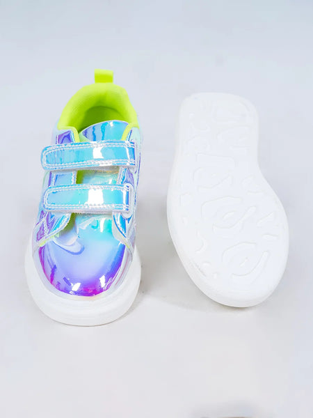 Iridescent blue kids' shoes for girls featuring rainbow shine and easy Velcro closure, Jaipur