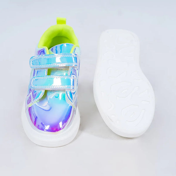 Iridescent blue kids' shoes for girls featuring rainbow shine and easy Velcro closure, Jaipur