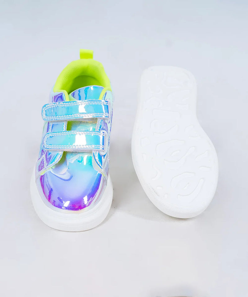 Iridescent blue kids' shoes for girls featuring rainbow shine and easy Velcro closure, Jaipur
