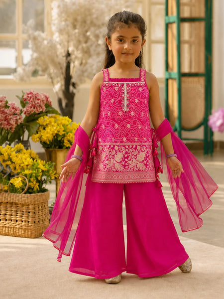 A young girl modeling a bright pink traditional three-piece outfit with intricate white embroidery, matching sheer pink arm sleeves, and wide-leg trousers, set against a warm, sunlit indoor background with flowers.