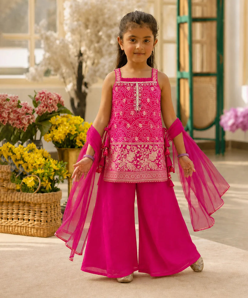 A young girl modeling a bright pink traditional three-piece outfit with intricate white embroidery, matching sheer pink arm sleeves, and wide-leg trousers, set against a warm, sunlit indoor background with flowers.