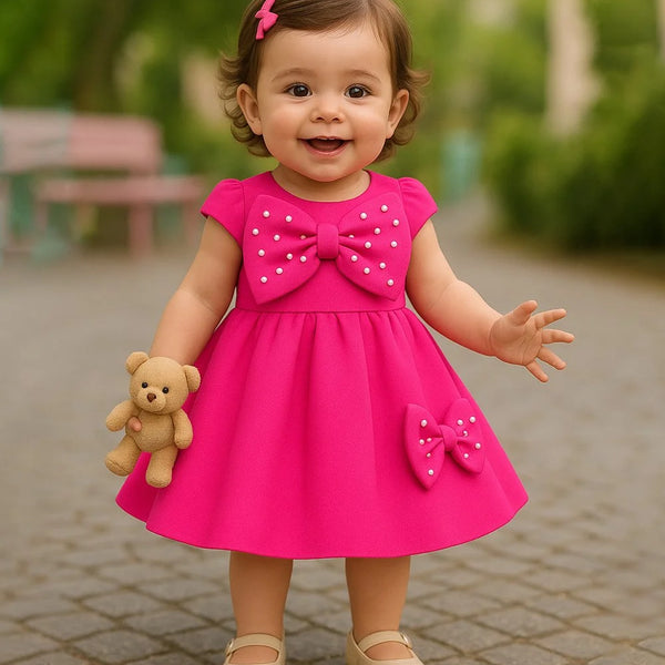 Child in a pink dress with a bow, holding a teddy bear, standing outdoors.