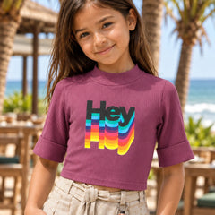 Girls' wine 3/4 sleeve crop top, front view, by Devils N Angels Jaipur