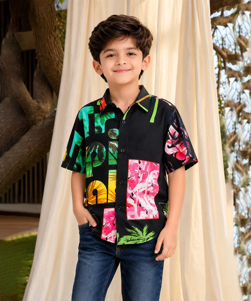 Boys Palm Tree Print Half Sleeve Shirt