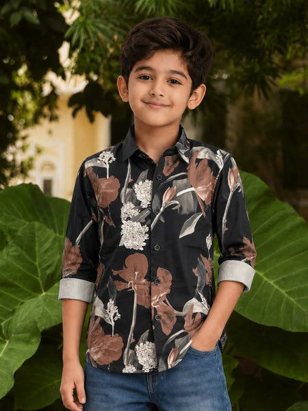 Boys Black Floral Printed Shirt