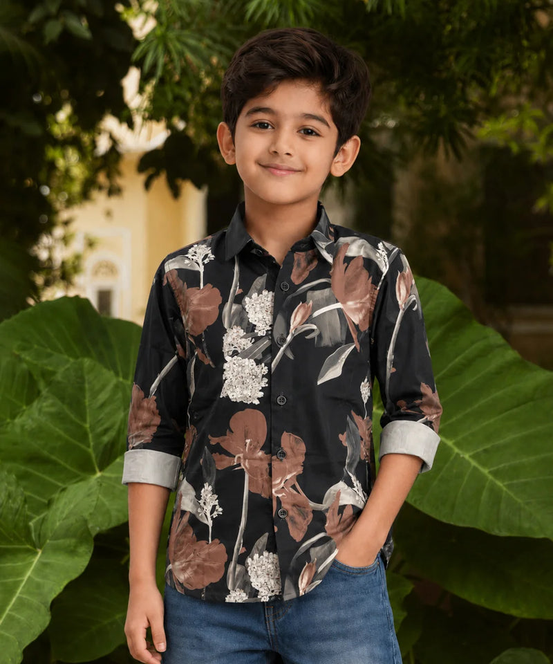 Boys Black Floral Printed Shirt