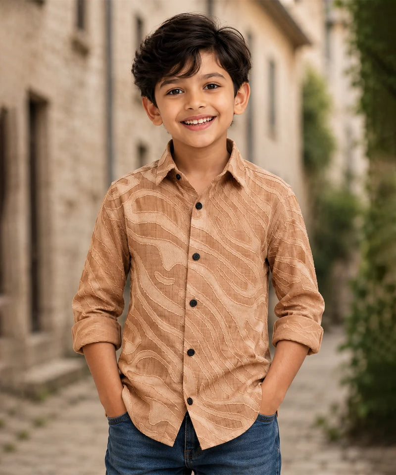 Boys Beige Textured Birthday Shirt