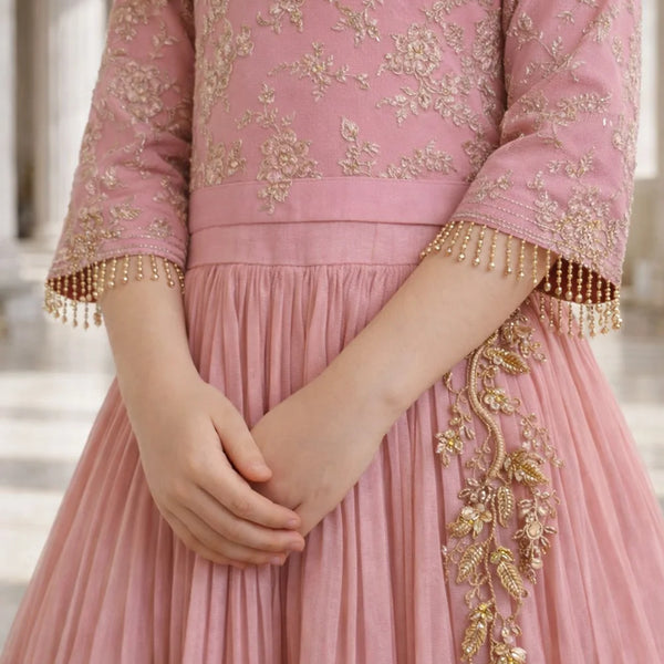 Pink traditional outfit with gold embroidery and pleated skirt