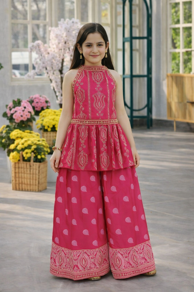 Young girl wearing a pink traditional outfit with floral decorations in the background