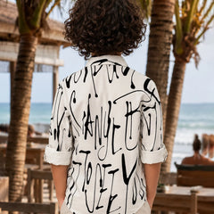 Boys White & Black Printed Shirt