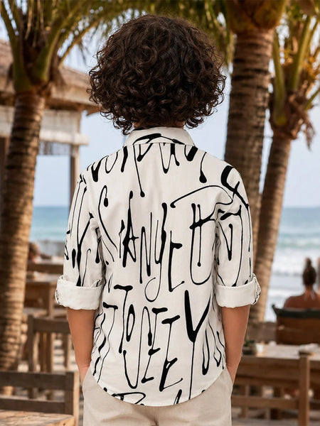 Boys White & Black Printed Shirt