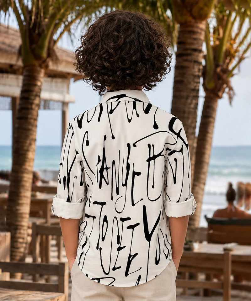 Boys White & Black Printed Shirt