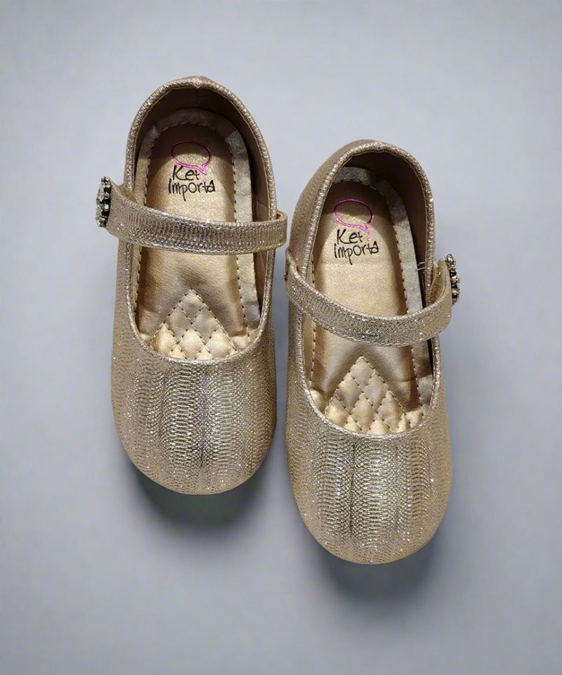 Kids' metallic gold party flats with quilted insole and classic strap, perfect for events in Jaipur