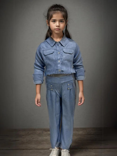 This Light blue Colored dress Consists of a shirt with 2 pockets and pants for a little girl. 