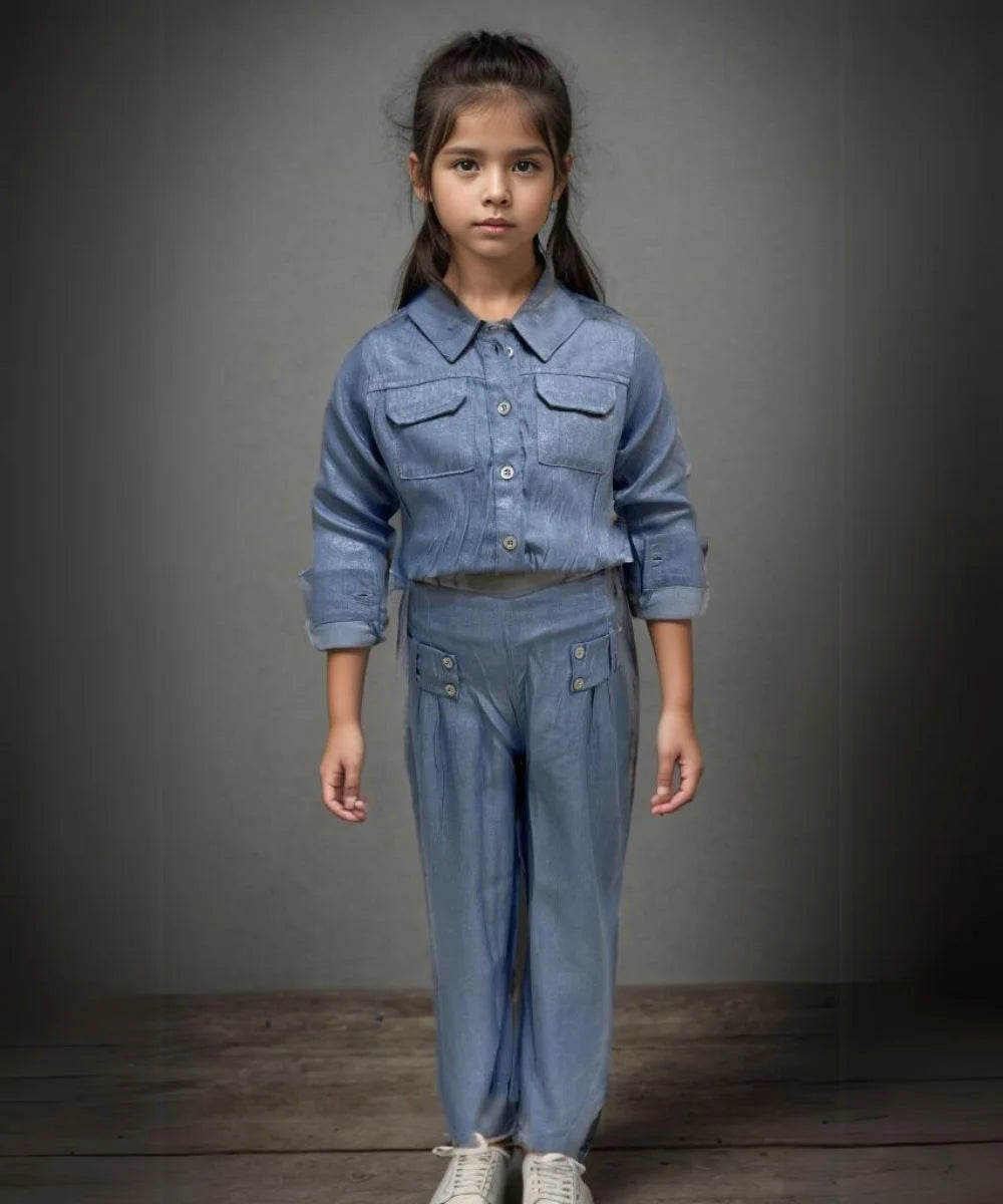 This Light blue Colored dress Consists of a shirt with 2 pockets and pants for a little girl. 
