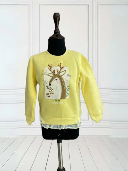 It's a yellow Colored sweatshirt that has frill detailing and a beautiful print on it with 3D look.
