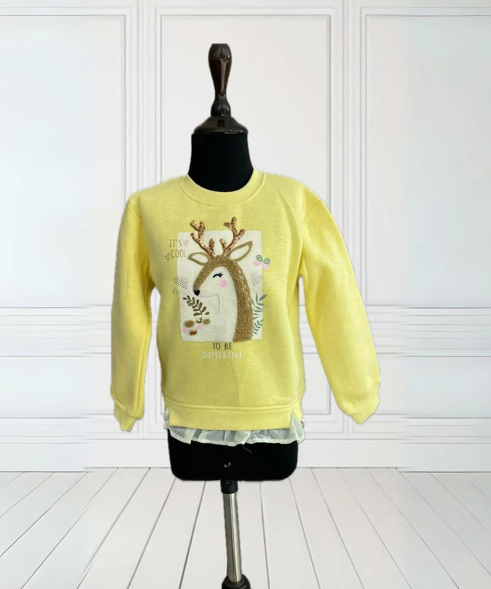It's a yellow Colored sweatshirt that has frill detailing and a beautiful print on it with 3D look.