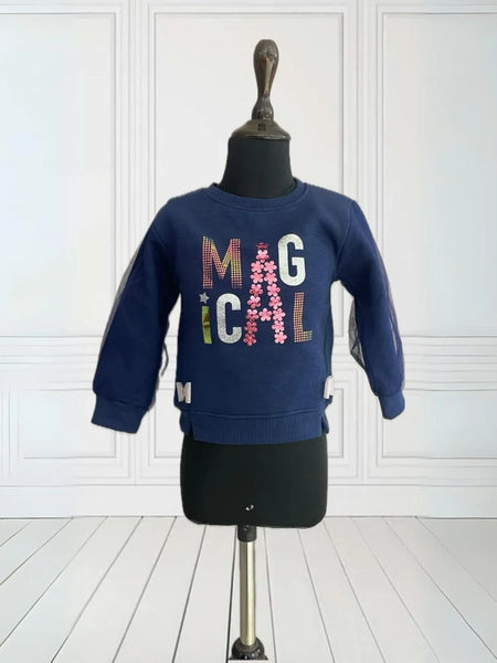 Navy Colored Printed Sweatshirt for Girls.