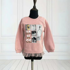  It's a smart peach Colored sweatshirt that has frill detailing and beautiful print detailing on it.