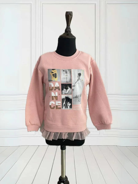  It's a smart peach Colored sweatshirt that has frill detailing and beautiful print detailing on it.