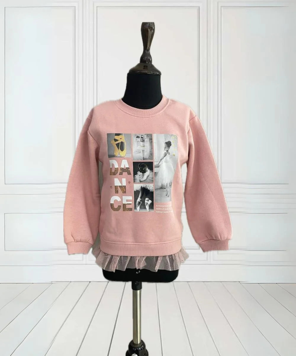  It's a smart peach Colored sweatshirt that has frill detailing and beautiful print detailing on it.