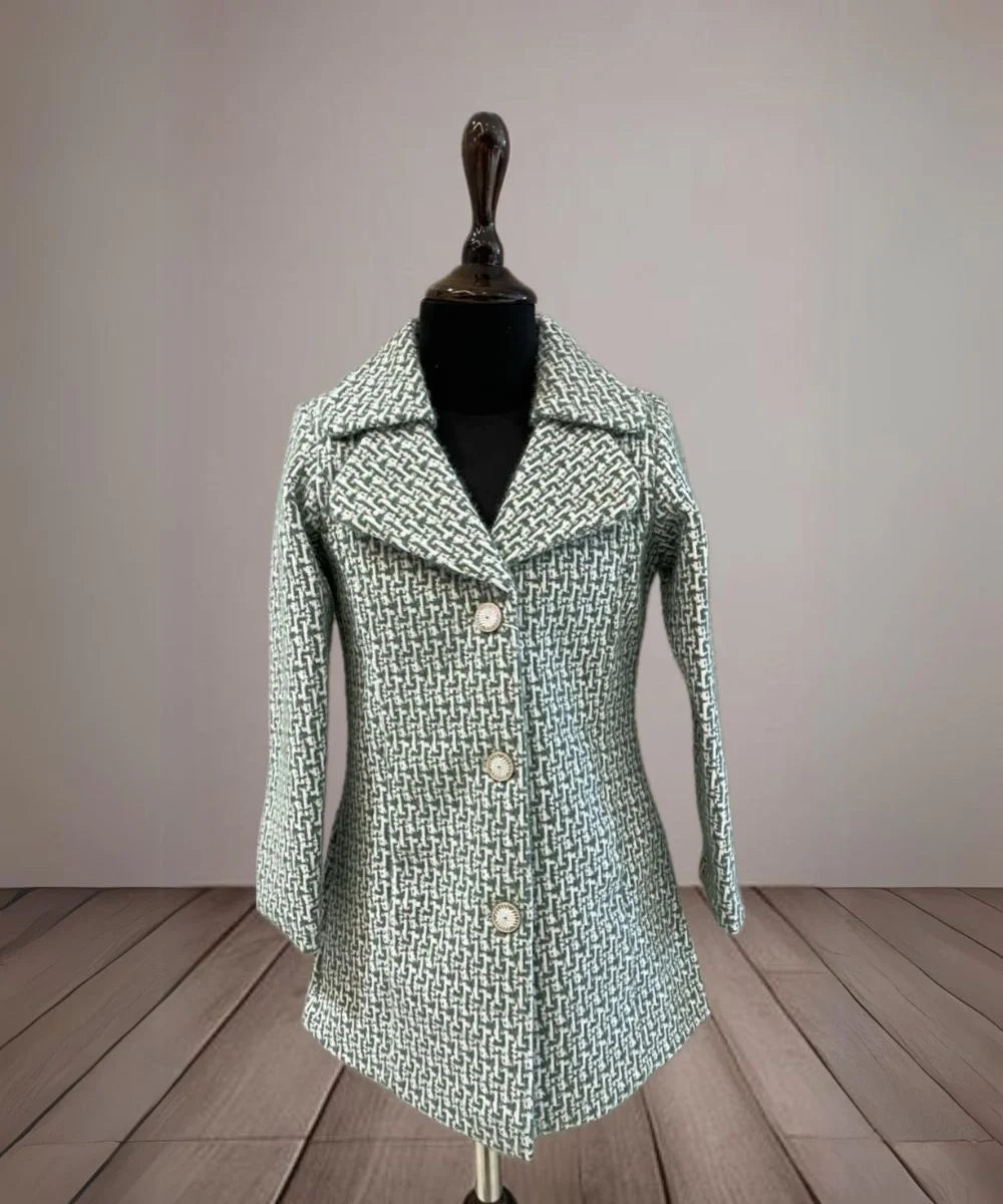This green Colored kids winter wear consists of a self-textured warm coat with stylized matching buttons on it.