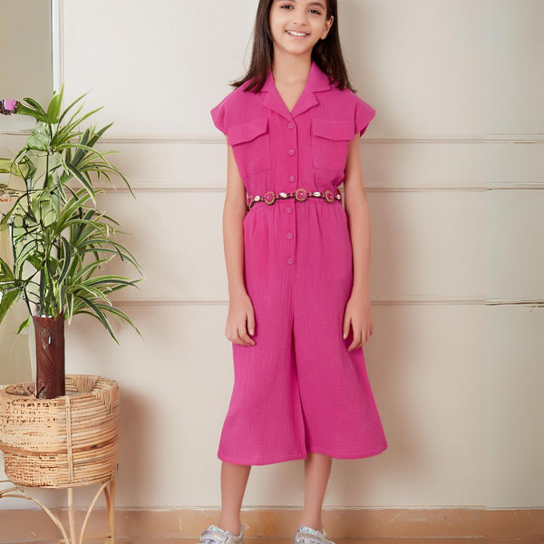  It is a pink Colored Jumpsuit with an elasticated waist for girls. It features a matching belt.