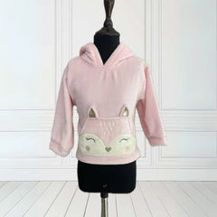 It's a pink party sweatshirt for girls with a hoodie and a cat face patch pocket detailing.