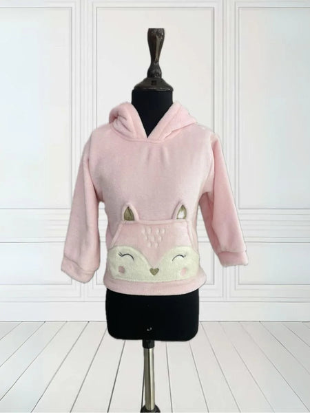 It's a pink party sweatshirt for girls with a hoodie and a cat face patch pocket detailing.