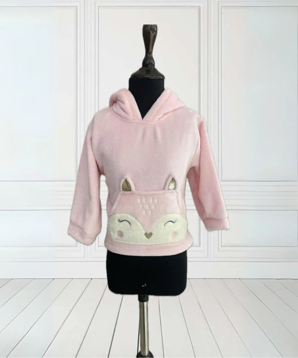 It's a pink party sweatshirt for girls with a hoodie and a cat face patch pocket detailing.