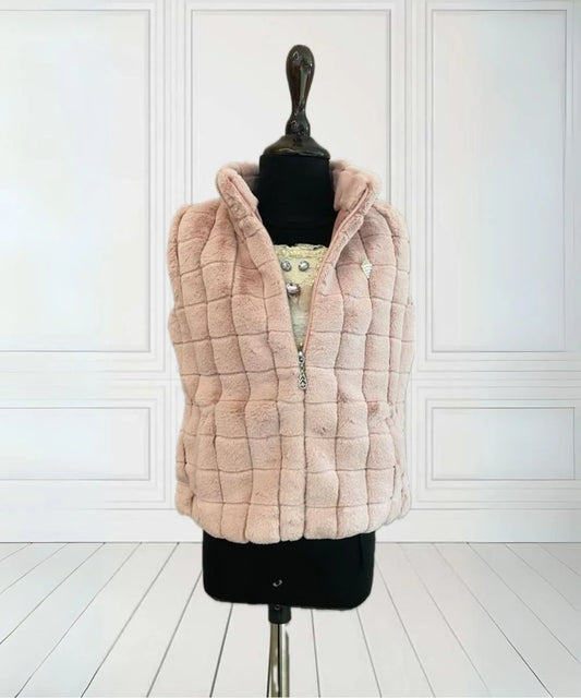 It's an onion pink Colored self-checked warm jacket made from fur fabric for girls perfect for winters.