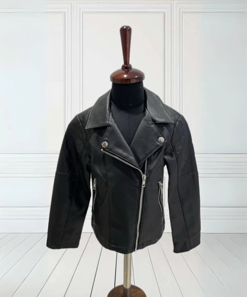  It's a black Colored girl's leather jacket perfect for both outings and party looks. 