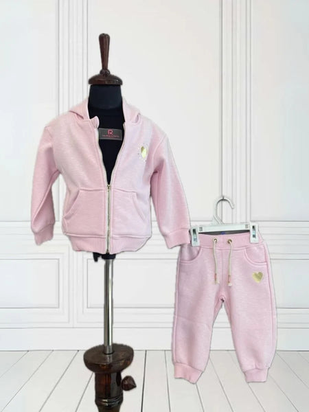 It Consists of a pink Colored lower and a sweatshirt for a little girl. This dress has a beautiful sweatshirt comes with a front zip closure and a hoodie.