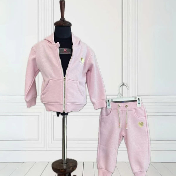 It Consists of a pink Colored lower and a sweatshirt for a little girl. This dress has a beautiful sweatshirt comes with a front zip closure and a hoodie.