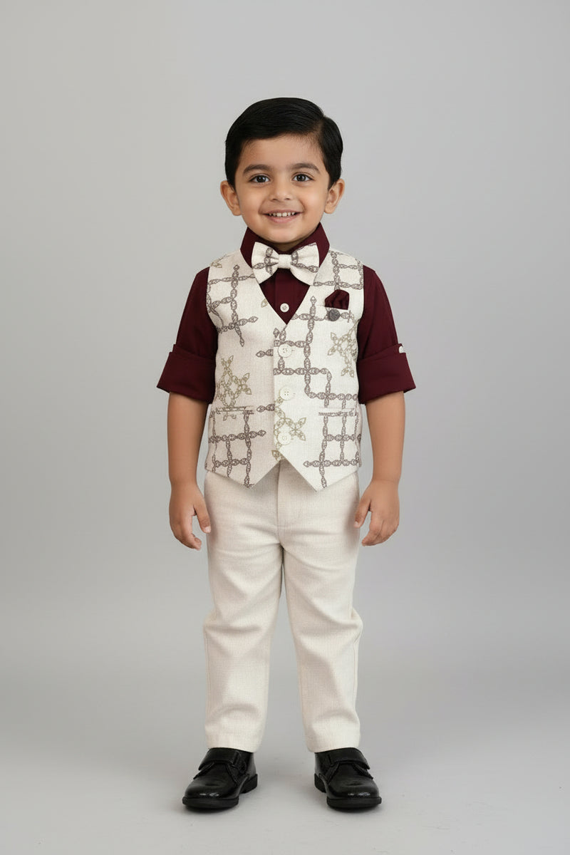 Young boy in formal attire with vest and bow tie on a gray background