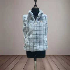It's a beautiful blue colored self-checked warm jacket for girls perfect for winters.