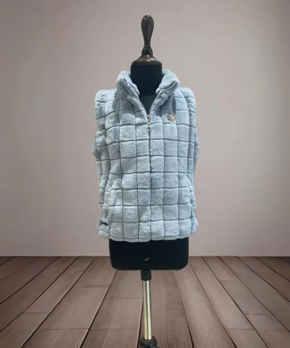 It's a beautiful blue colored self-checked warm jacket for girls perfect for winters.