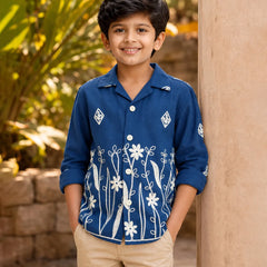 Boys Blue Party Wear Embroidered Shirt