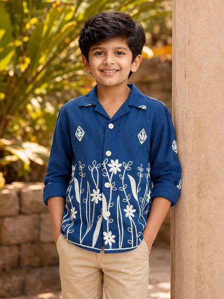 Boys Blue Party Wear Embroidered Shirt