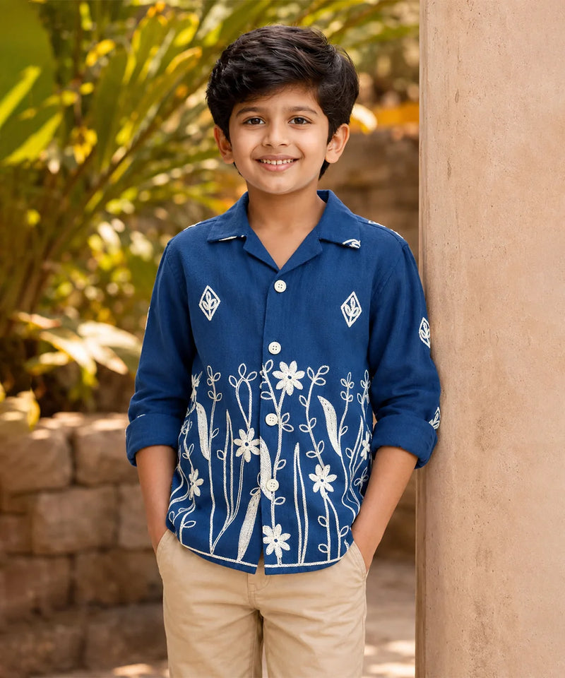 Boys Blue Party Wear Embroidered Shirt
