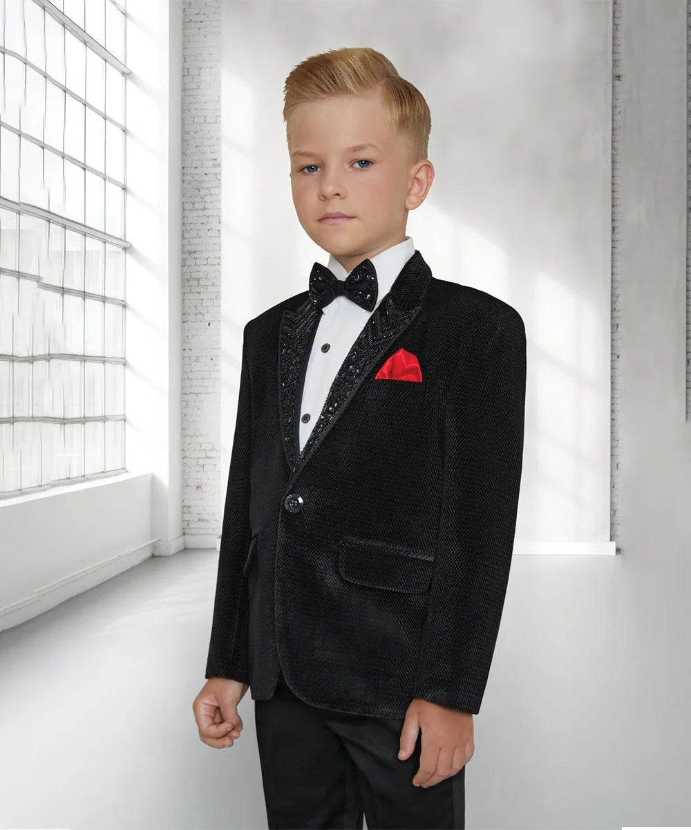 It consists of a black coat, a white shirt and matching black pants. Special Feature: It features cut Dana work on the collar, a matching bow and a red-coloured pocket square.