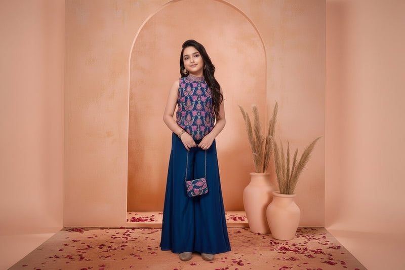 Navy Blue Zari Embroidered Sharara Set for Girls Wedding Wear