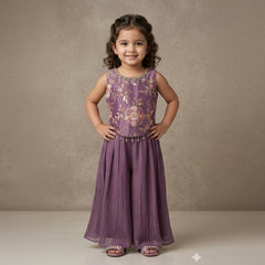 Purple Embroidered Party Wear Sharara Set for Girls