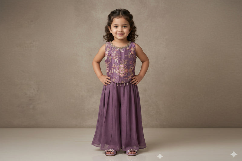 Purple Embroidered Party Wear Sharara Set for Girls