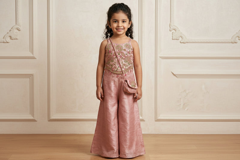 Multicolor Embroidered Sharara Set for Girls with Sling Bag