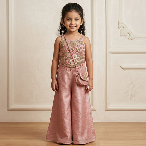 Multicolor Embroidered Sharara Set for Girls with Sling Bag