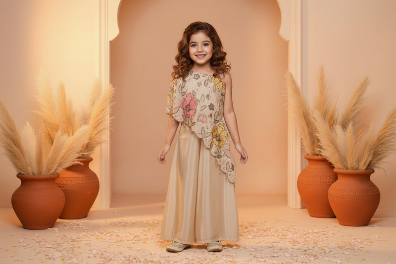 Ivory Floral One-Shoulder Sharara Set for Girls