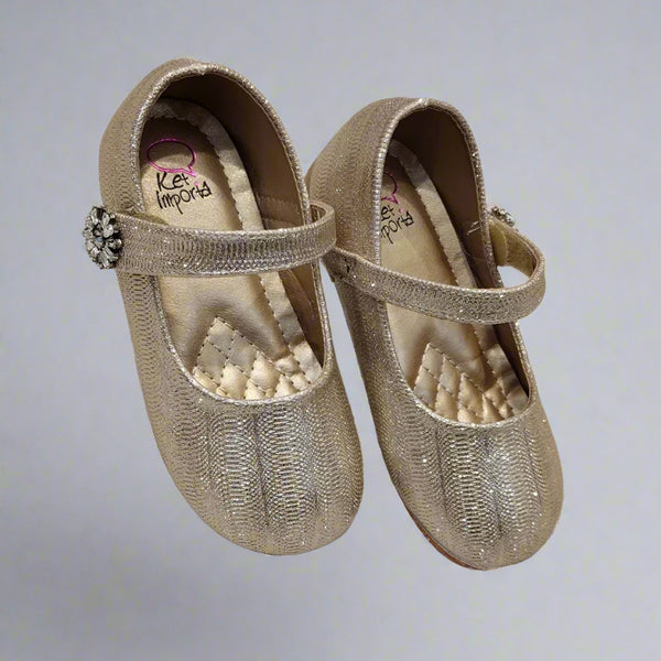 Elegant girls' gold ballerina shoes featuring a glittery finish and decorative strap, Jaipur