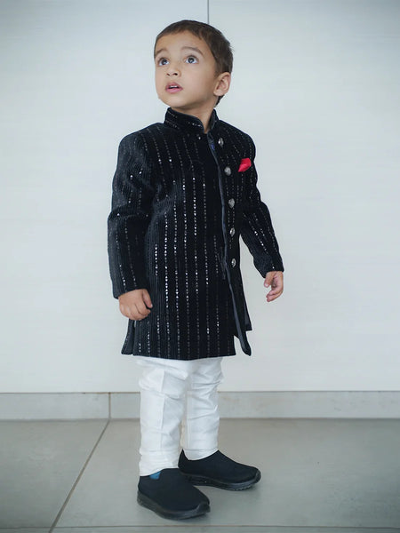 shimmer velvet achkan for boys 